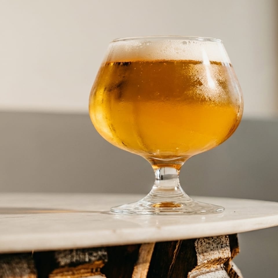 A glass of golden beer with foam and condensation sits on a marble table.