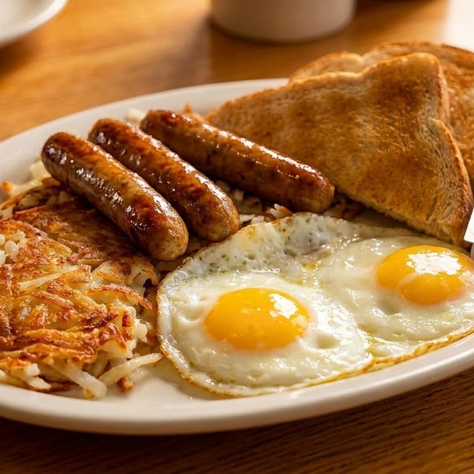 A breakfast platter with sausage links, fried eggs, hash browns, and toast on a wooden table.