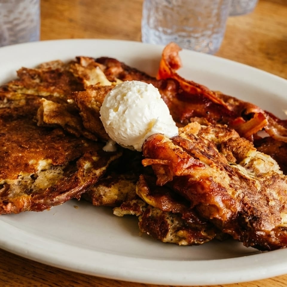 French toast with a scoop of butter and crispy bacon on a white plate.