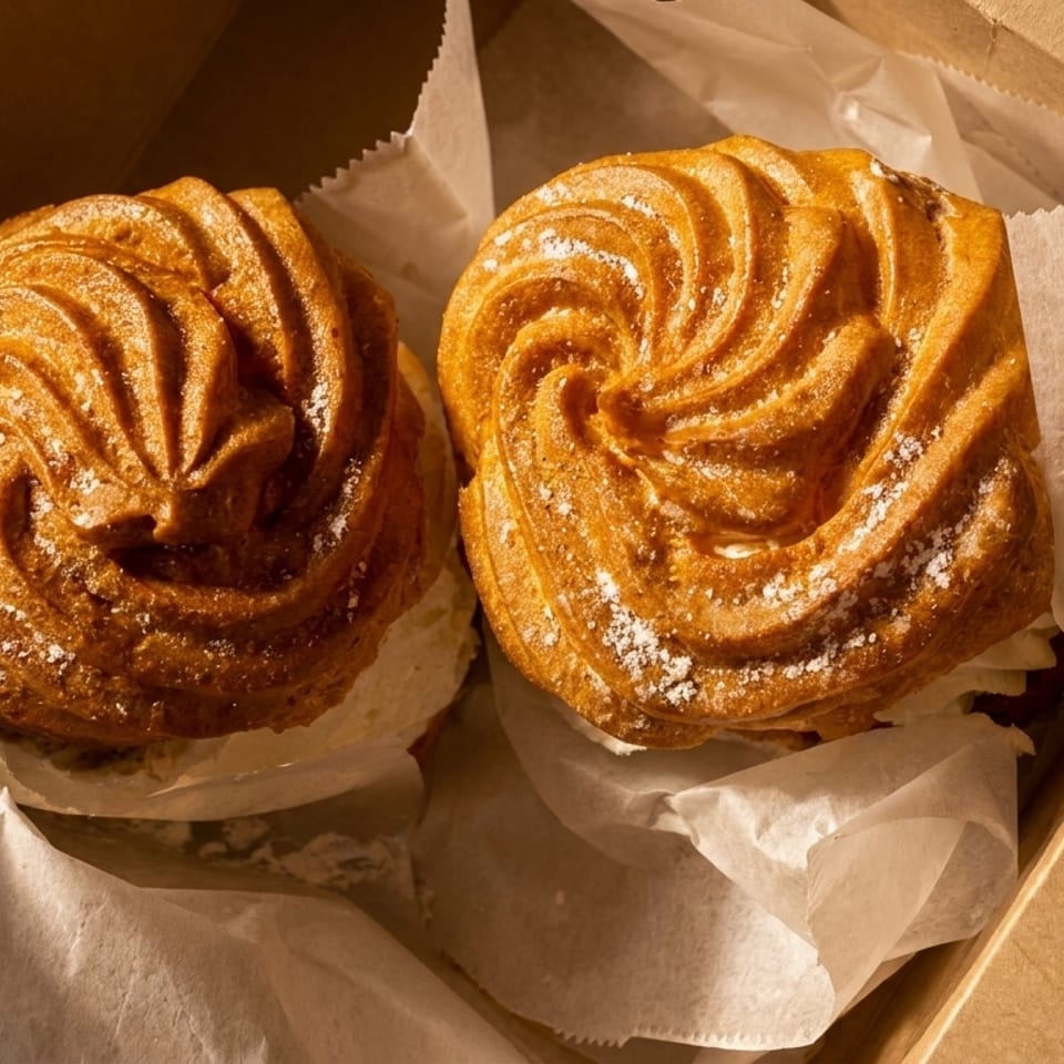 Two golden-brown cream puffs with powdered sugar, nestled in white paper inside a brown box.