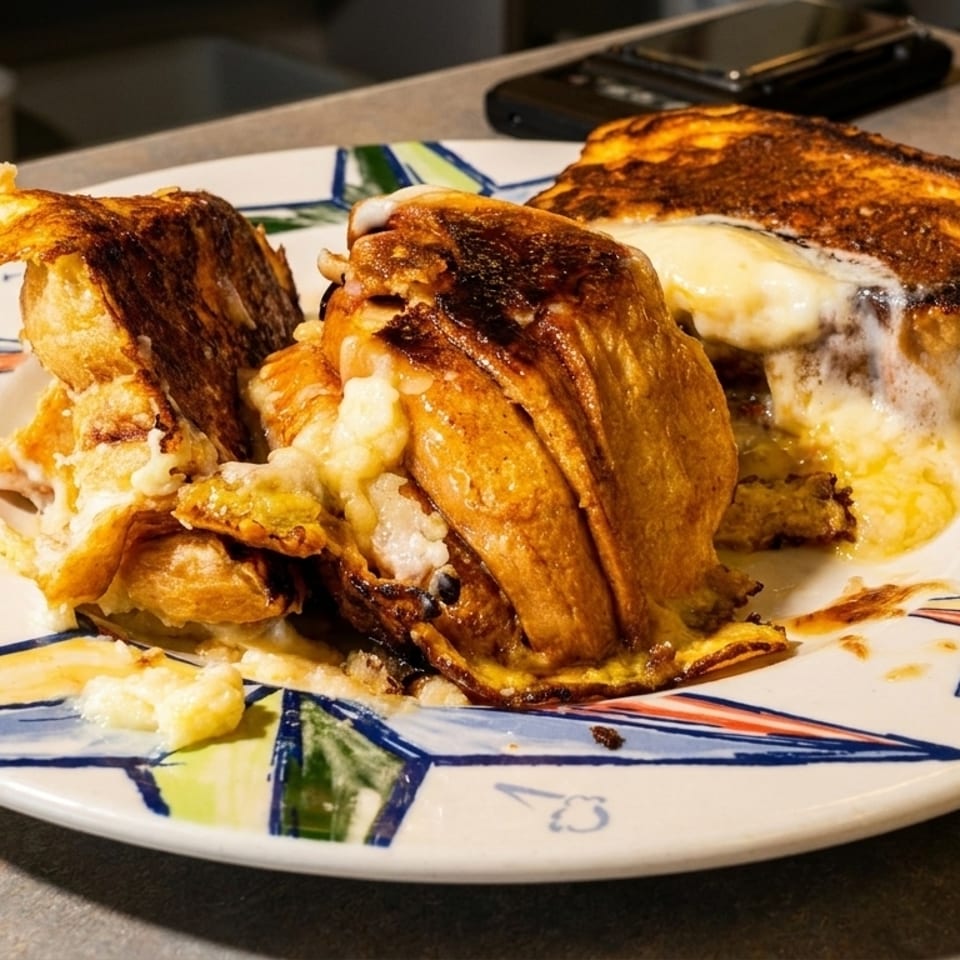 Golden-brown French toast pieces, some stuffed with creamy filling, on a star-patterned plate.