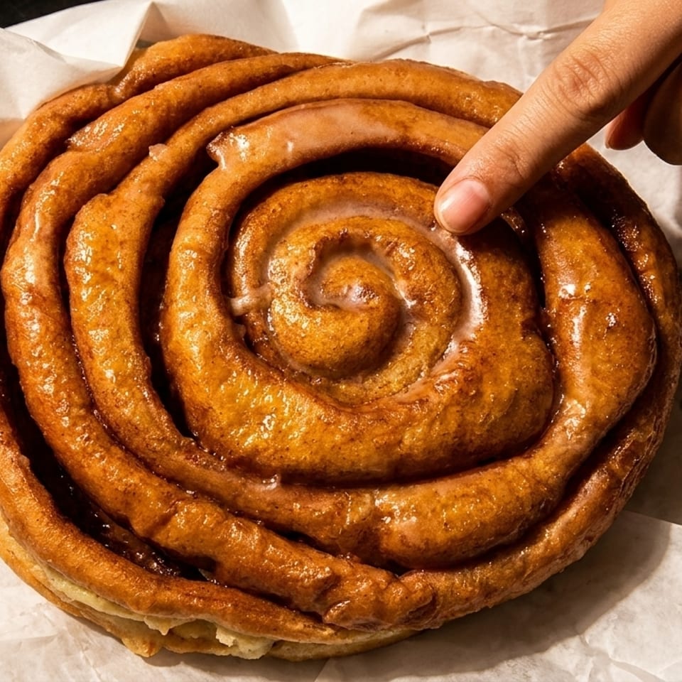 A hand touches a large, glazed cinnamon roll on white parchment paper.