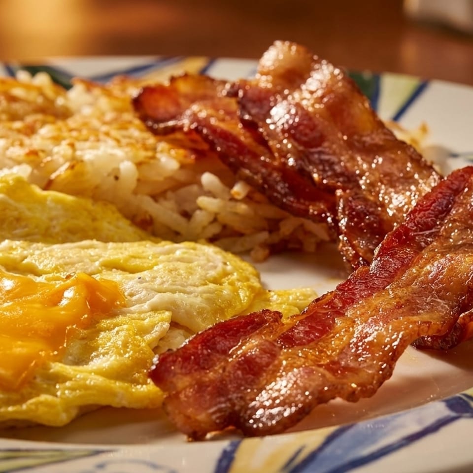 A breakfast plate with crispy bacon, cheesy scrambled eggs, and golden hash browns.