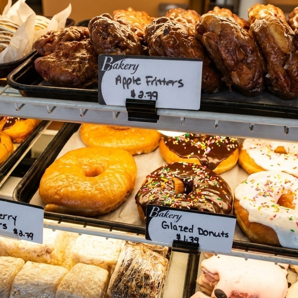 A bakery display case filled with various donuts, fritters, and pastries, with price tags visible.