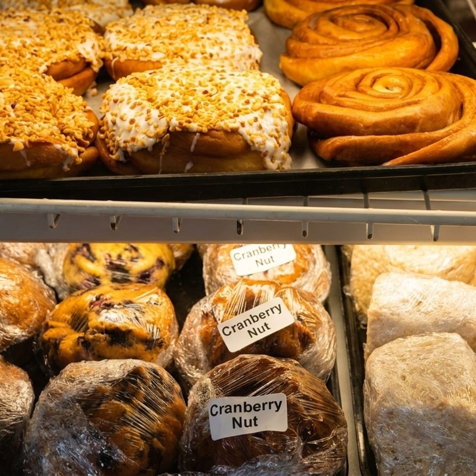 A bakery display case filled with cinnamon rolls, iced buns with nuts, and wrapped muffins.