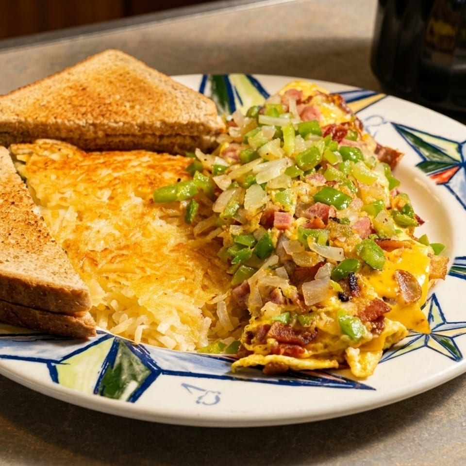 Breakfast plate with hash browns, an omelet topped with peppers and onions, and toast.