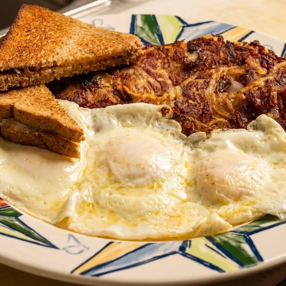 Breakfast plate with three fried eggs, crispy hash browns, and two slices of toasted bread.