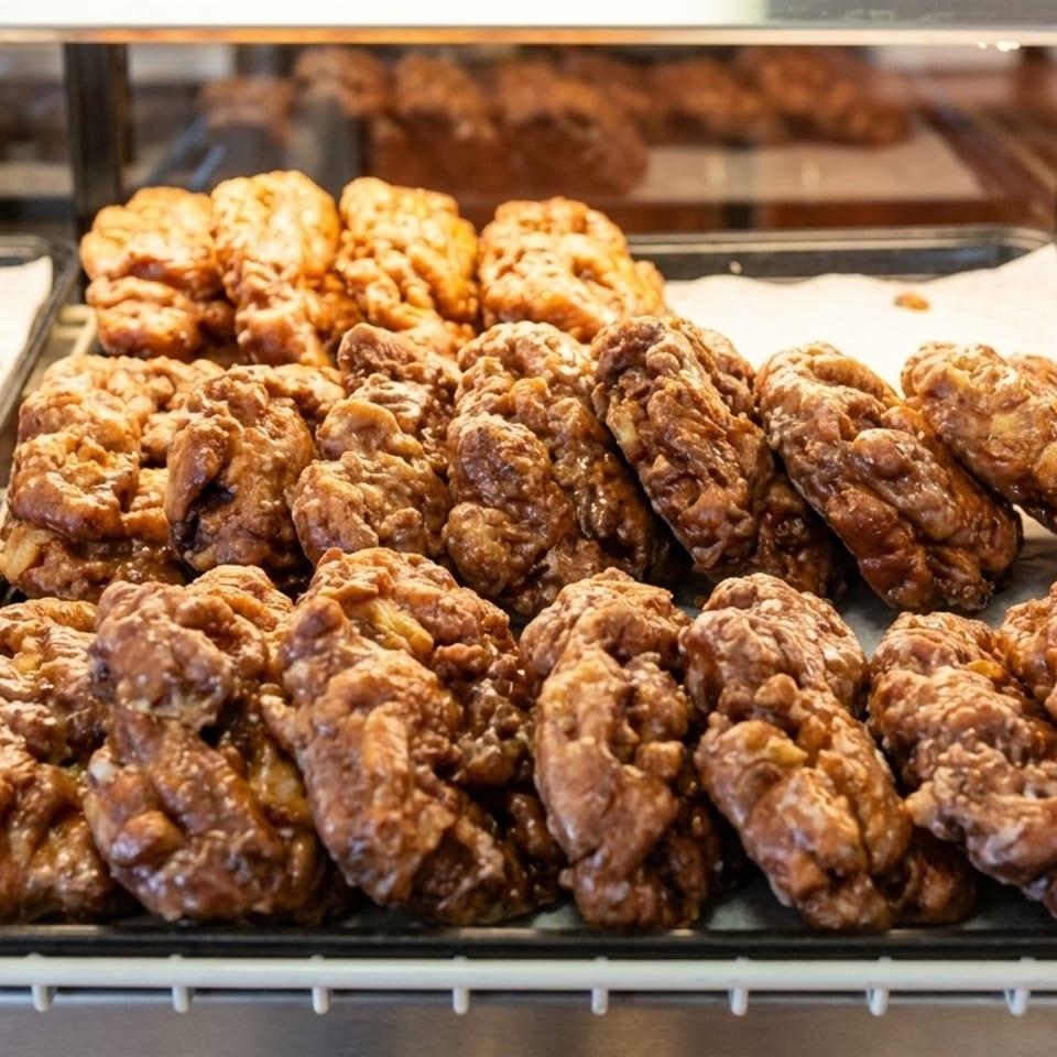 Trays of glazed apple fritters and chocolate-frosted muffins displayed in a bakery case.